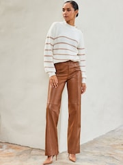 Sosandar Brown Leather Button Front Wide Leg Trousers - Image 1 of 4