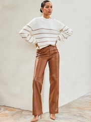 Sosandar Brown Leather Button Front Wide Leg Trousers - Image 2 of 4