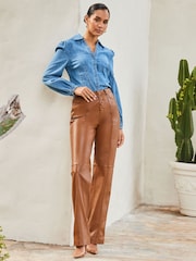 Sosandar Brown Leather Button Front Wide Leg Trousers - Image 3 of 4