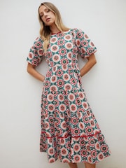Another Sunday Green Floral Poplin Short Puff Sleeve Tiered Smock 100% Cotton Midi Dress - Image 1 of 6