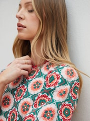 Another Sunday Green Floral Poplin Short Puff Sleeve Tiered Smock 100% Cotton Midi Dress - Image 2 of 6