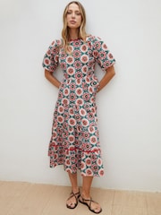 Another Sunday Green Floral Poplin Short Puff Sleeve Tiered Smock 100% Cotton Midi Dress - Image 3 of 6
