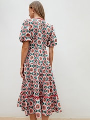 Another Sunday Green Floral Poplin Short Puff Sleeve Tiered Smock 100% Cotton Midi Dress - Image 4 of 6