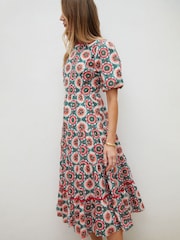 Another Sunday Green Floral Poplin Short Puff Sleeve Tiered Smock 100% Cotton Midi Dress - Image 5 of 6