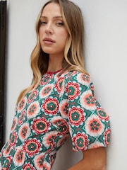 Another Sunday Green Floral Poplin Short Puff Sleeve Tiered Smock 100% Cotton Midi Dress - Image 6 of 6