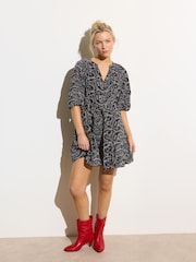 Oliver Bonas Black & White Contrast Broderie Tiered Mini Dress - Image 1 of 8