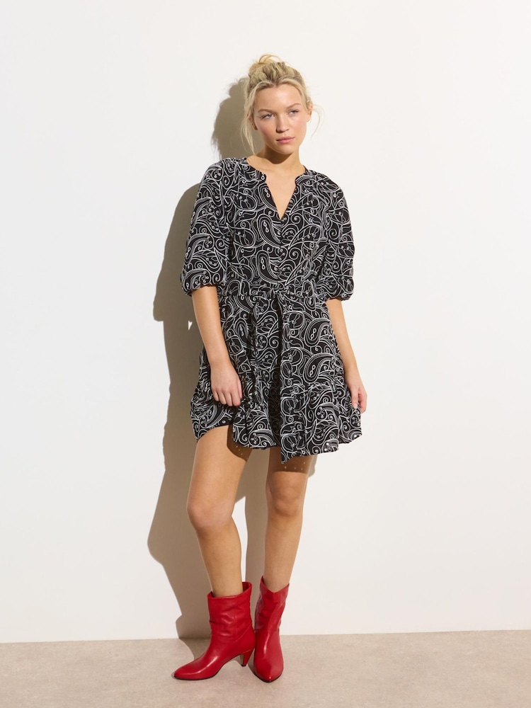 Oliver Bonas Black & White Contrast Broderie Tiered Mini Dress - Image 1 of 8