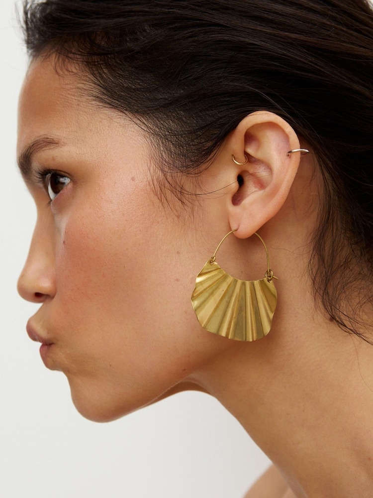 Oliver Bonas Gold Tone Aylish Pleated Brass Hoop Earrings - Image 4 of 4 Oliver Bonas Gold Tone Aylish Pleated Brass Hoop Earrings - Image 4 of 4