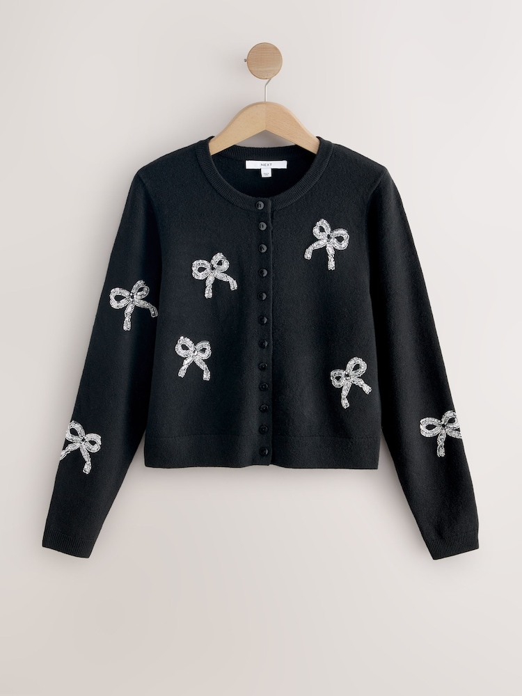 Black Embellished Bows Slim Super Soft Crew Neck Cardigan with Wool - Image 1 of 3 Black Embellished Bows Slim Super Soft Crew Neck Cardigan with Wool - Image 1 of 3