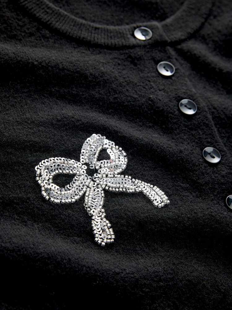 Black Embellished Bows Slim Super Soft Crew Neck Cardigan with Wool - Image 3 of 3 Black Embellished Bows Slim Super Soft Crew Neck Cardigan with Wool - Image 3 of 3