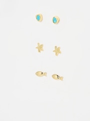 Oliver Bonas Gold Mira Opalite, Fish & Starfish Gold Plated Stud Earrings Pack - Image 1 of 5