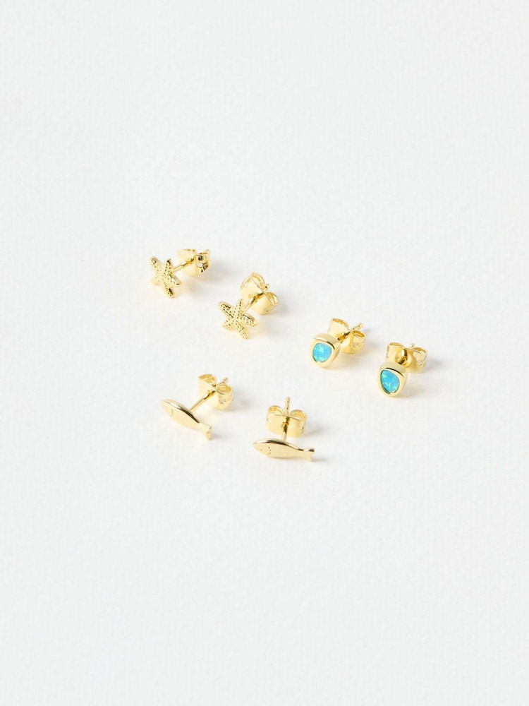 Oliver Bonas Gold Mira Opalite, Fish & Starfish Gold Plated Stud Earrings Pack - Image 2 of 5