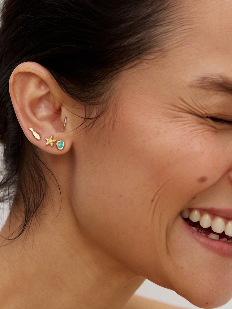 Oliver Bonas Gold Mira Opalite, Fish & Starfish Gold Plated Stud Earrings Pack - Image 5 of 5