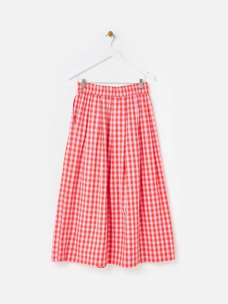 Oliver Bonas Pink Gingham Elasticated Waist 100% Cotton Midi Skirt - Image 1 of 5 Oliver Bonas Pink Gingham Elasticated Waist 100% Cotton Midi Skirt - Image 1 of 5