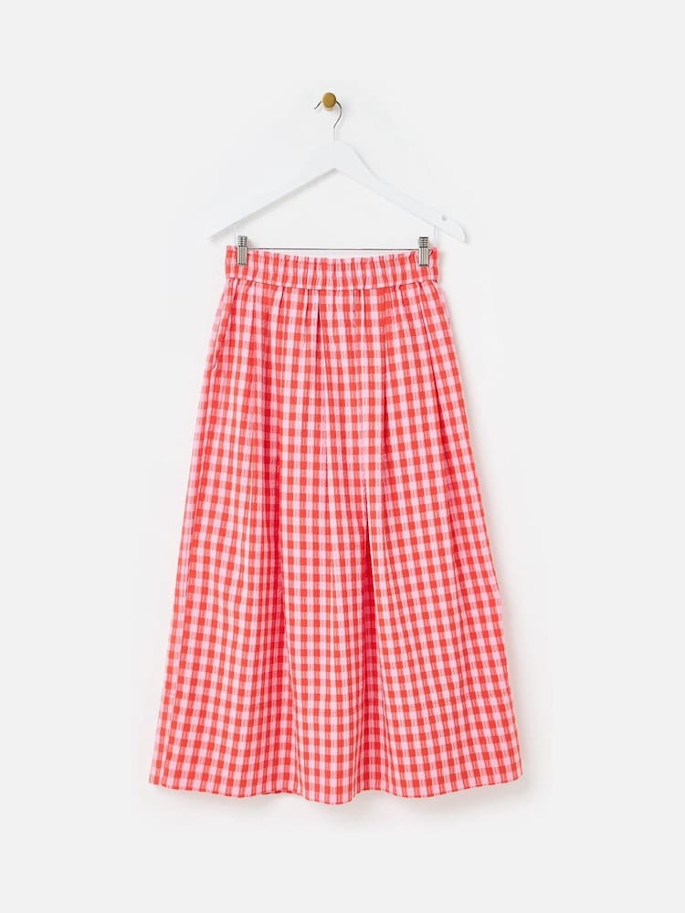 Oliver Bonas Pink Gingham Elasticated Waist 100% Cotton Midi Skirt - Image 2 of 5 Oliver Bonas Pink Gingham Elasticated Waist 100% Cotton Midi Skirt - Image 2 of 5
