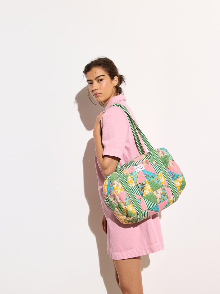 Oliver Bonas Pink Patchwork 100% Cotton Weekend Bag - Image 7 of 7