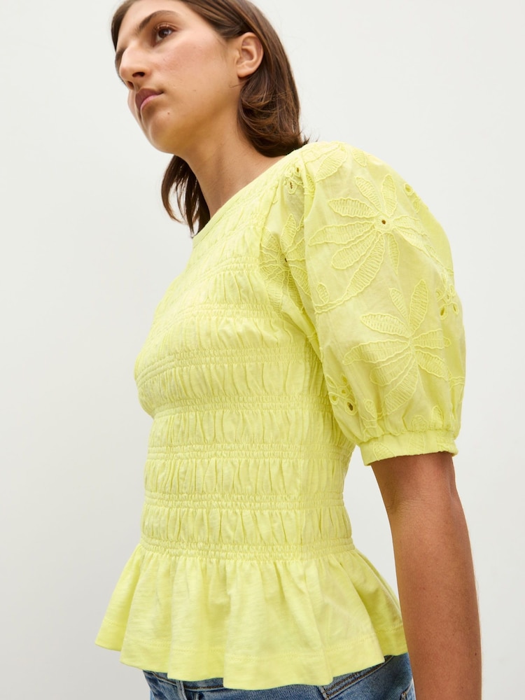 Oliver Bonas Yellow Shirred Broderie Short Sleeve Top - Image 1 of 9