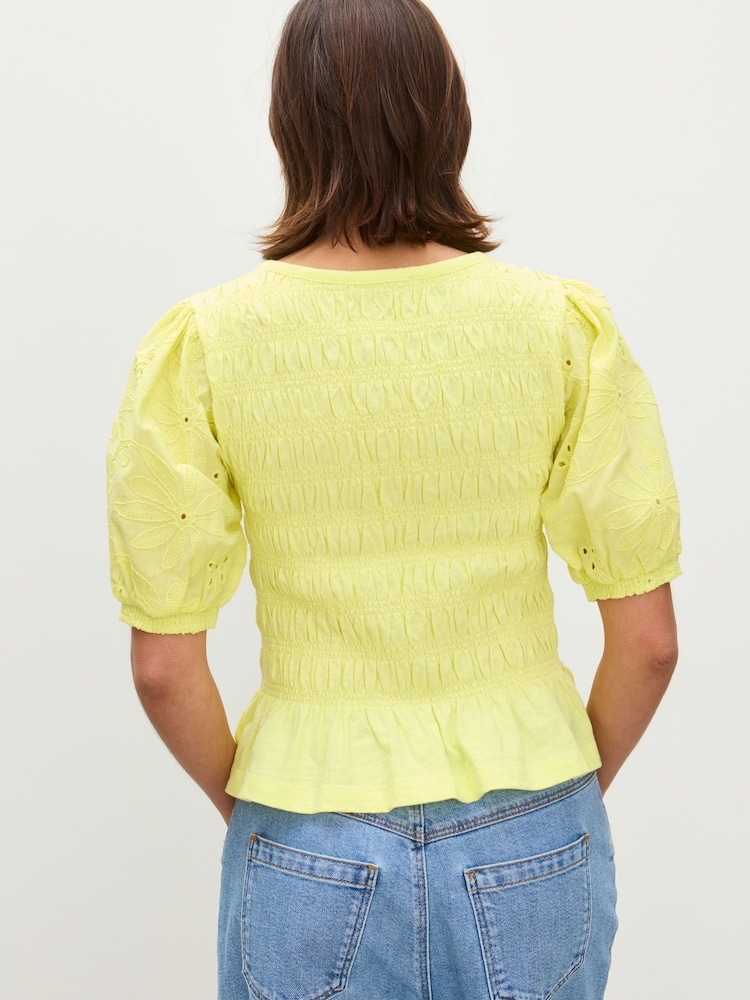 Oliver Bonas Yellow Shirred Broderie Short Sleeve Top - Image 2 of 9