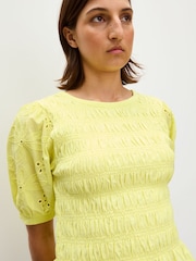 Oliver Bonas Yellow Shirred Broderie Short Sleeve Top - Image 3 of 9