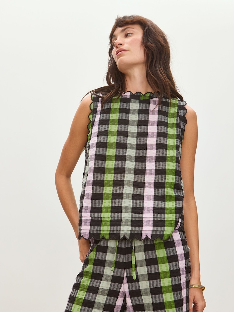 Oliver Bonas Black & Green Checked Scalloped Top - Image 1 of 8 Oliver Bonas Black & Green Checked Scalloped Top - Image 1 of 8