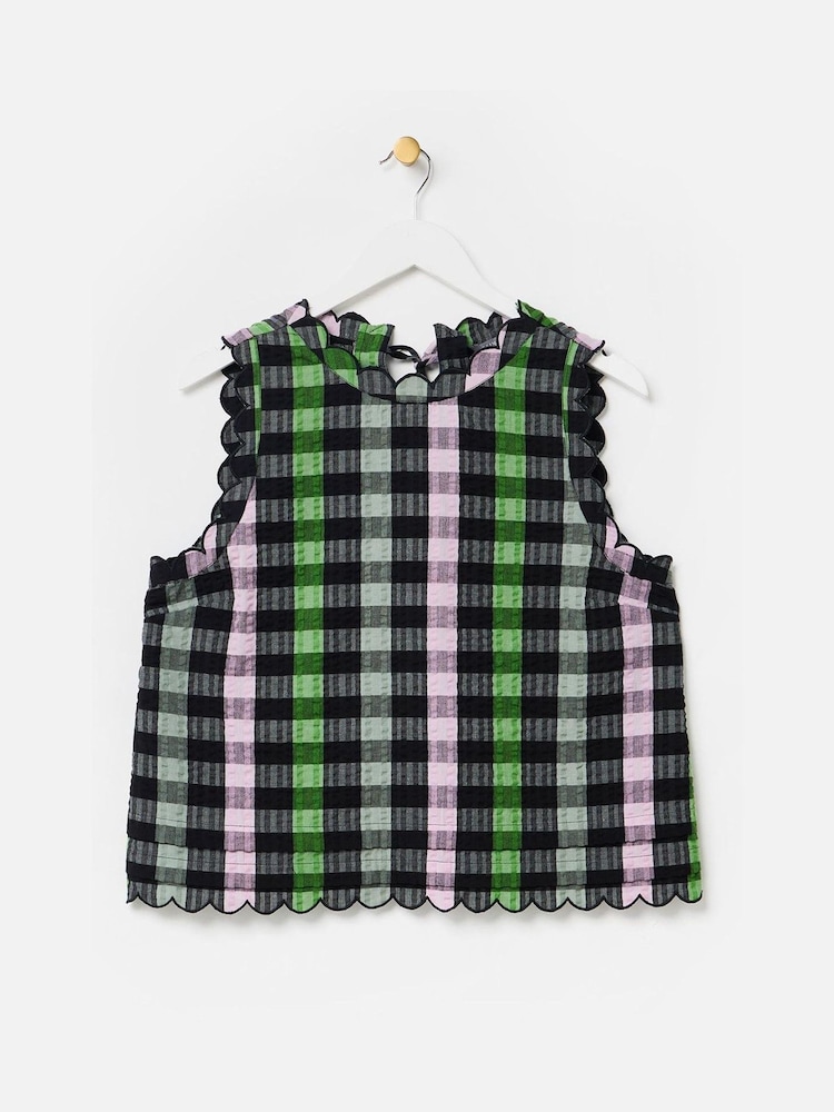 Oliver Bonas Black & Green Checked Scalloped Top - Image 4 of 8