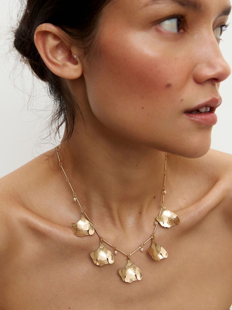 Oliver Bonas Gold Tone Anish Leaf and Mini Faux Pearl Collar Necklace - Image 4 of 4