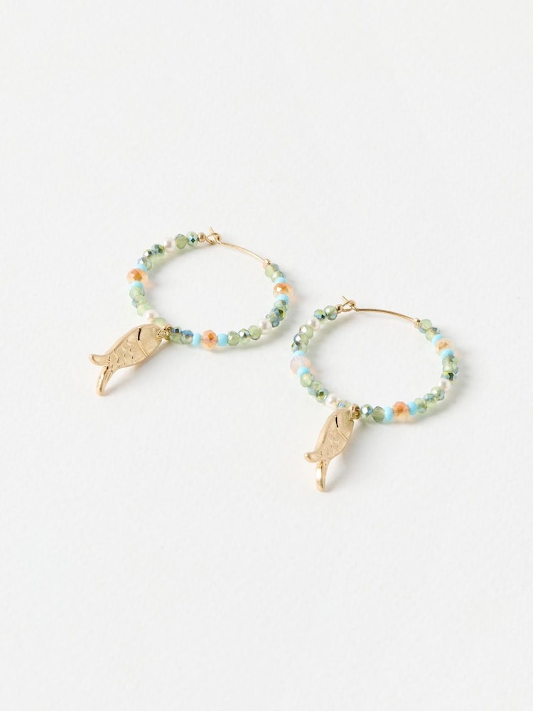 Oliver Bonas Green Doris Fish Charm Beaded Hoop Earrings - Image 1 of 4 Oliver Bonas Green Doris Fish Charm Beaded Hoop Earrings - Image 1 of 4