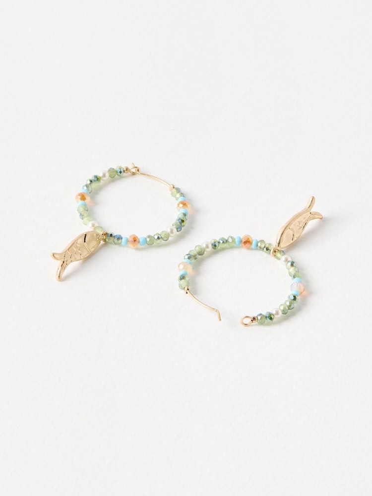 Oliver Bonas Green Doris Fish Charm Beaded Hoop Earrings - Image 2 of 4 Oliver Bonas Green Doris Fish Charm Beaded Hoop Earrings - Image 2 of 4
