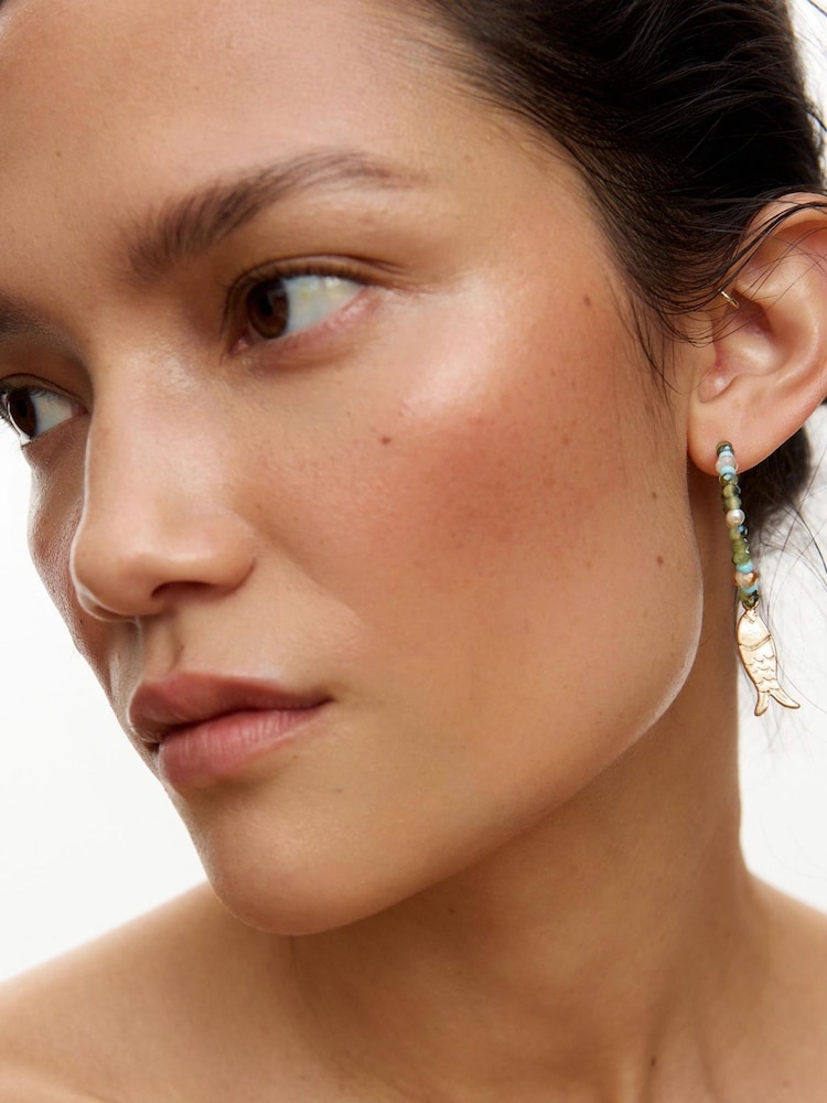 Oliver Bonas Green Doris Fish Charm Beaded Hoop Earrings - Image 4 of 4 Oliver Bonas Green Doris Fish Charm Beaded Hoop Earrings - Image 4 of 4