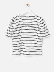 Oliver Bonas Black Striped V-Neck 100% Organic Cotton T-Shirt - Image 3 of 7