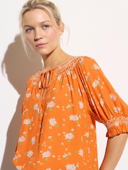Oliver Bonas Orange Floral Textured Shirred Blouse - Image 1 of 7