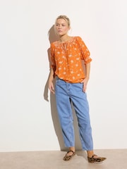 Oliver Bonas Orange Floral Textured Shirred Blouse - Image 2 of 7