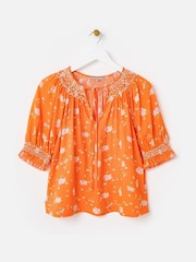 Oliver Bonas Orange Floral Textured Shirred Blouse - Image 3 of 7