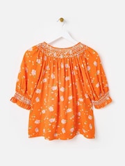 Oliver Bonas Orange Floral Textured Shirred Blouse - Image 4 of 7