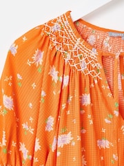 Oliver Bonas Orange Floral Textured Shirred Blouse - Image 5 of 7