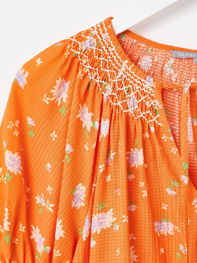 Oliver Bonas Orange Floral Textured Shirred Blouse - Image 5 of 7