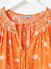 Oliver Bonas Orange Floral Textured Shirred Blouse - Image 6 of 7