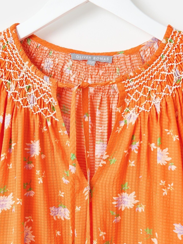 Oliver Bonas Orange Floral Textured Shirred Blouse - Image 6 of 7