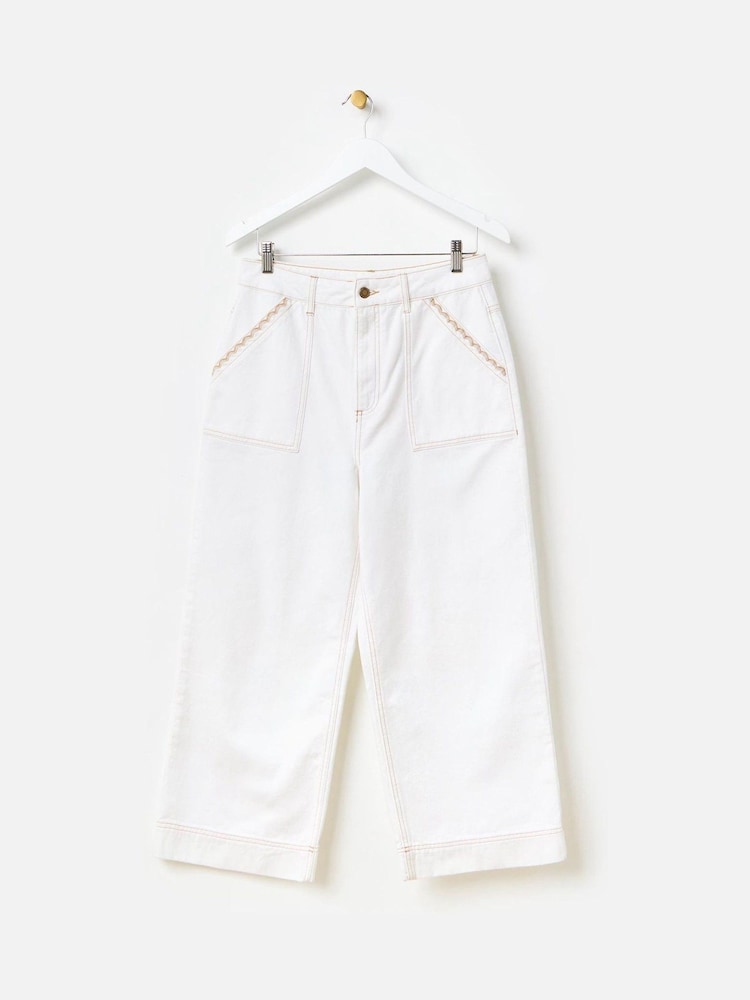 Oliver Bonas White Denim Scallop Stitch Cropped Wide Leg 100% Cotton Jeans - Image 1 of 6