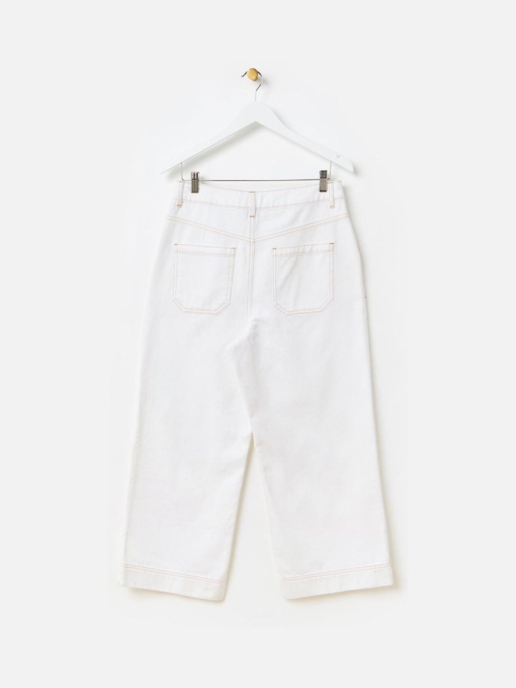 Oliver Bonas White Denim Scallop Stitch Cropped Wide Leg 100% Cotton Jeans - Image 2 of 6