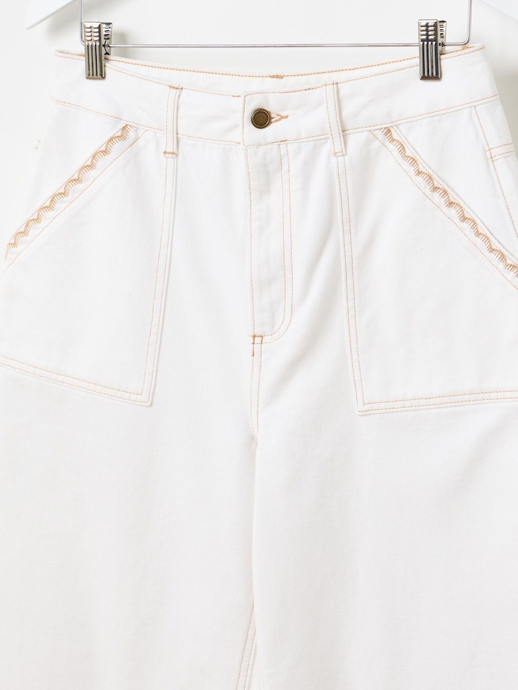 Oliver Bonas White Denim Scallop Stitch Cropped Wide Leg 100% Cotton Jeans - Image 3 of 6