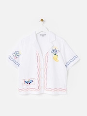 Oliver Bonas White Embroidered Lemon Textured Short Sleeve 100% Cotton Shirt - Image 1 of 5