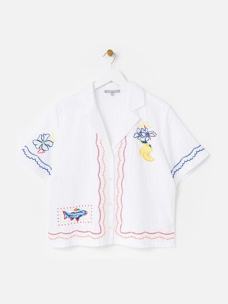 Oliver Bonas White Embroidered Lemon Textured Short Sleeve 100% Cotton Shirt - Image 1 of 5