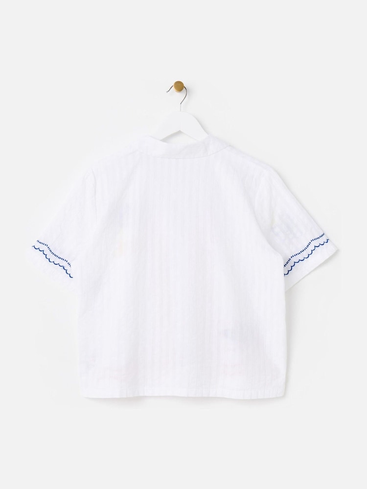 Oliver Bonas White Embroidered Lemon Textured Short Sleeve 100% Cotton Shirt - Image 2 of 5