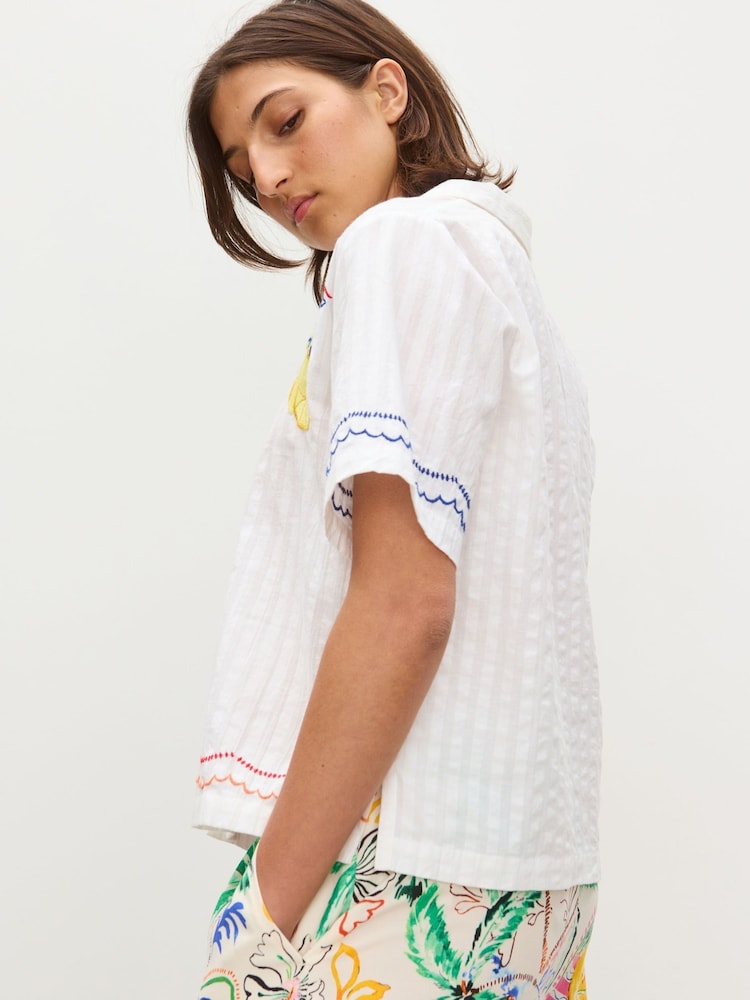 Oliver Bonas White Embroidered Lemon Textured Short Sleeve 100% Cotton Shirt - Image 3 of 3
