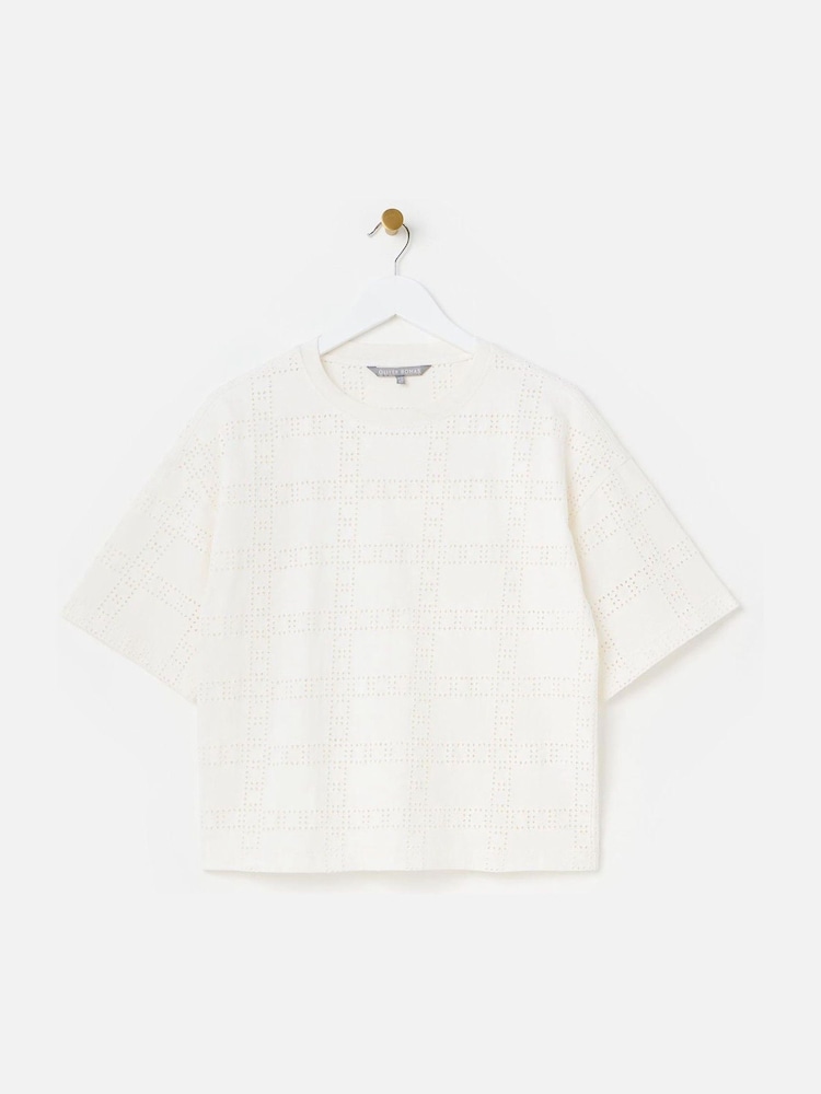 Oliver Bonas White Square Broderie 100% Cotton T-Shirt - Image 1 of 5