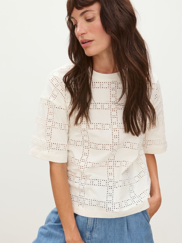 Oliver Bonas White Square Broderie 100% Cotton T-Shirt - Image 1 of 5 Oliver Bonas White Square Broderie 100% Cotton T-Shirt - Image 1 of 5