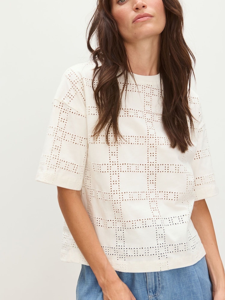 Oliver Bonas White Square Broderie 100% Cotton T-Shirt - Image 3 of 8