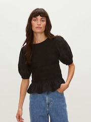 Oliver Bonas Black Shirred Broderie Short Sleeve Top - Image 1 of 8