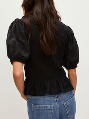Oliver Bonas Black Shirred Broderie Short Sleeve Top - Image 2 of 8